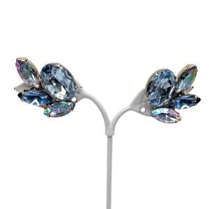 Vintage GARNE Blue Rhinestone Clip-On Earrings Fire Polished 50s-60s